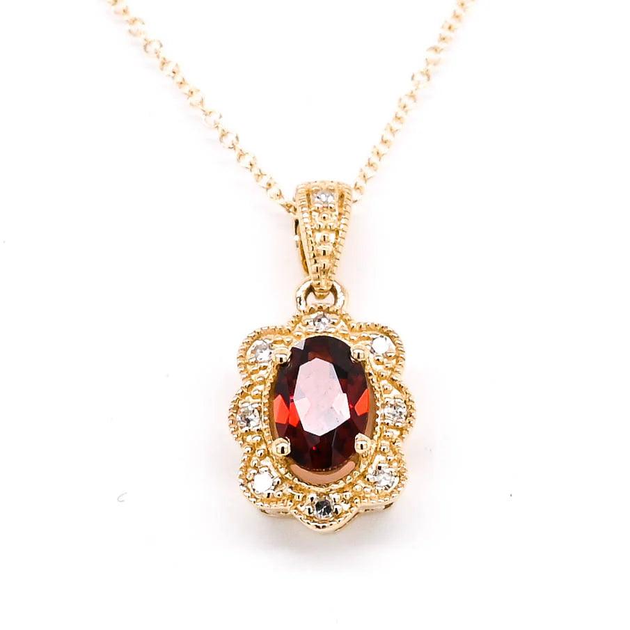 gold, yellow gold, 10k gold, gold chain, pendant, gold pendant, garnet, garnet necklace, garnet pendant, diamond, diamond pendant, diamond necklace