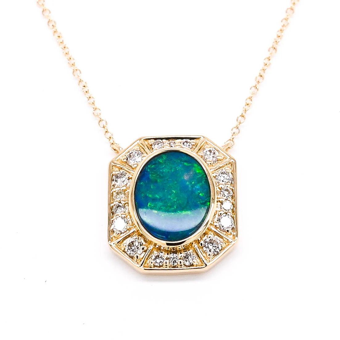 Glorious Opal and Diamond Necklace in 10k Yellow Gold - BellemareDugasJoaillerie