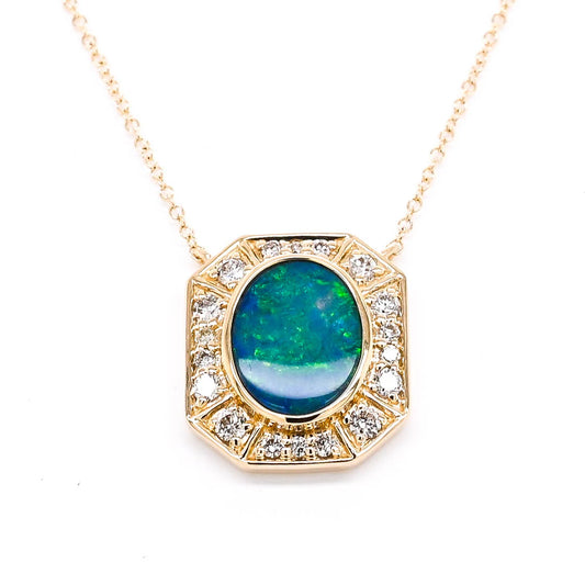 Glorious Opal and Diamond Necklace in 10k Yellow Gold - BellemareDugasJoaillerie