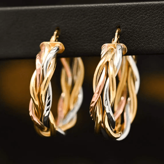 Interlaced Three Color Gold Earrings in 10k Gold - BellemareDugasJoaillerie