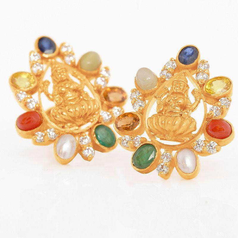 Lakshmi Navratna Stud Earrings in 22k Gold display - BellemareDugasJoaillerie