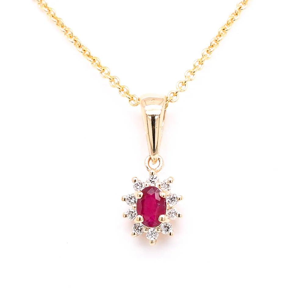 gold, yellow gold, 14k gold, gold chain, pendant, gold pendant, ruby, ruby necklace, ruby pendant, diamond, diamond pendant, diamond necklace